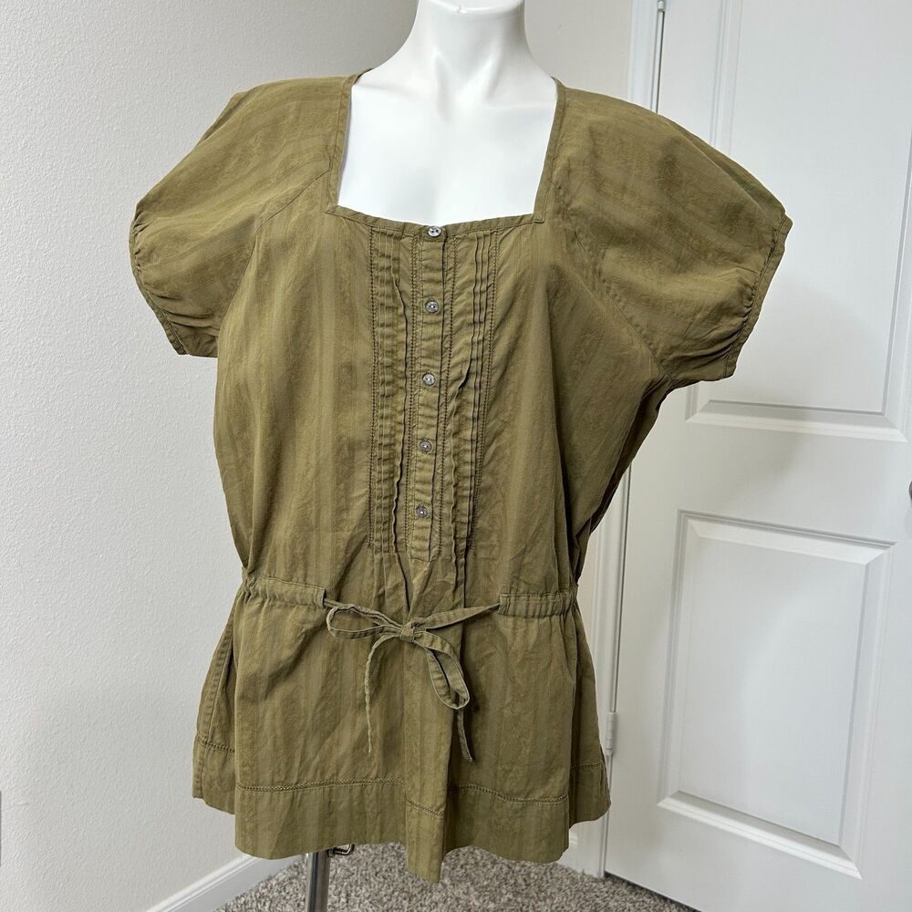 J.Jill Cotton Pintuck Peasant Blouse Olive Green Drawstring Tunic Shirt XL